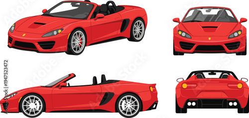 Vector illustration set of a red luxury convertible sports car shown from front side and rear view angles isolated on white background for automotive design.