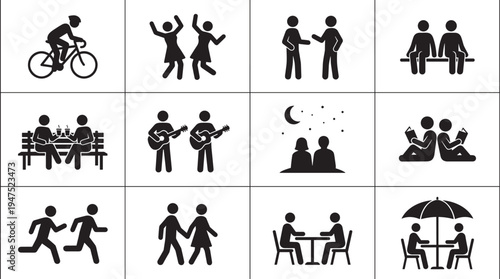 People lifestyle silhouettes set cycling running reading dating music friendship leisure activity vector illustration collection