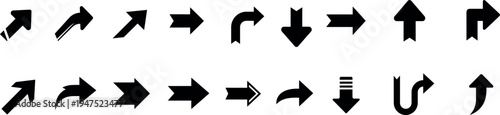 A collection of 16 unique black arrow icons on a white background
