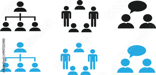 A collection of six human relationship and communication icons in black and blue