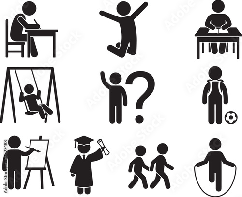 School kids activities silhouette set, studying jumping reading playground swing sports walking painting skipping rope graduation