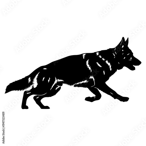 A black and white image of a dog running isolated on transparent background, Vector
