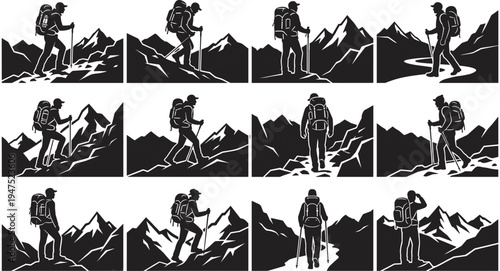 Mountain hiking silhouettes set, backpacker trekking adventure in alpine landscape outdoor exploration travel climber vector collectionMountain hiksilhouettes set