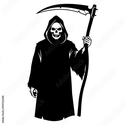 A grim reaper in a black robe holding a scythe isolated on transparent background, Vector