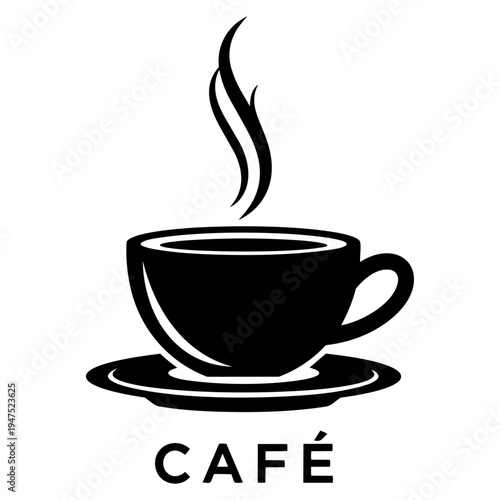 A black and white image of a steaming cup of coffee on a saucer isolated on transparent background, Vector