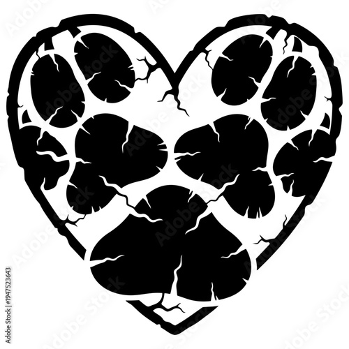 Heart shaped animal paw print with cracks isolated on transparent background, Vector