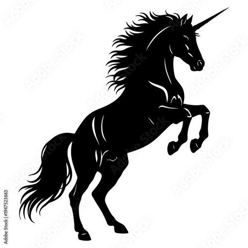 A black silhouette of a unicorn rearing up on its hind legs isolated on transparent background, Vector