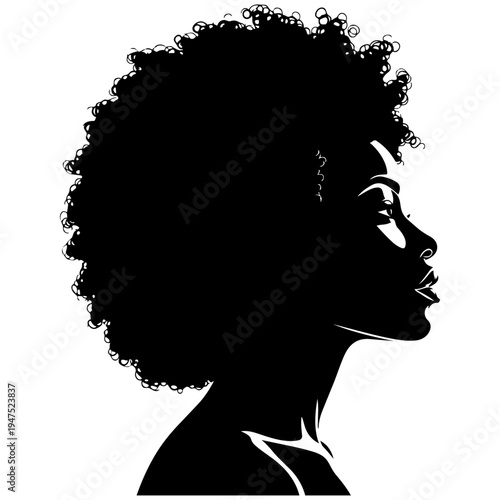 A black silhouette of a woman with curly hair isolated on transparent background, Vector