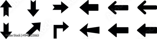 A collection of 12 black arrow icons pointing in various directions on a white background