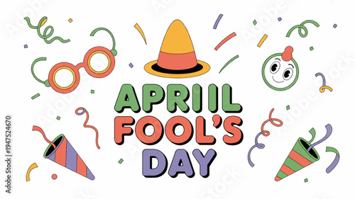 Colorful april fool's day celebration graphic with party hat confetti and prank glasses on white background