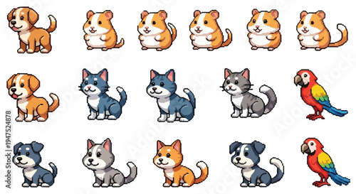 A grid of cute pixel art animals features various breeds of dogs, hamsters, cats, and colorful parrots in a charming, friendly style.