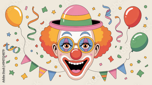 Vibrant clown face with colorful balloons and confetti on festive background for party themes