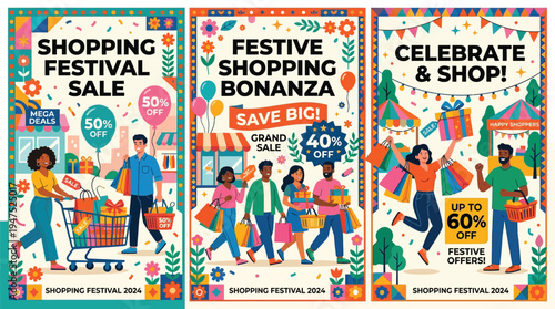 Three vibrant illustrations depicting a festive shopping festival with diverse people enjoying sales, discounts, and carrying shopping bags and gifts.