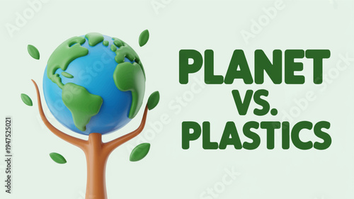 Earth protected by tree from plastic pollution on light green background