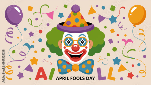 Colorful clown face with party hats and balloons on april fools' day celebration background