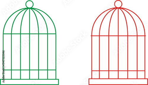 Minimalist birdcage line icon set in green and red colors isolated on light background, simple decorative cage illustration, vintage pet enclosure symbol design concept