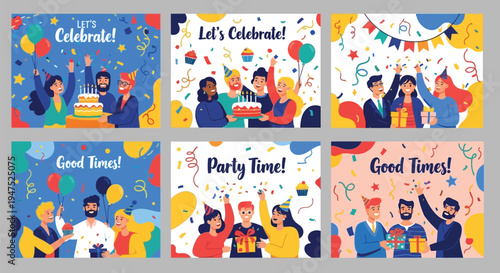 A collection of six vibrant illustrations depicting diverse groups of people celebrating various festive occasions with balloons, confetti, cakes, and gifts.