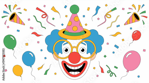 Smiling clown face with colorful party hat and balloons confetti and streamers celebration