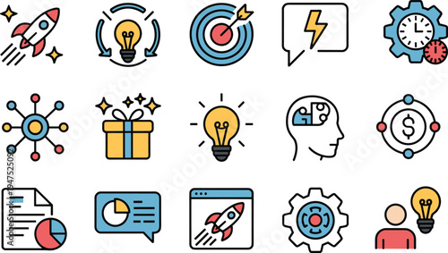 Set of sixteen colorful business and technology icons in grid layout, symbolizing innovation, productivity, startup growth, financial success, communication