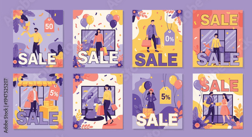 Collection of vibrant illustrations depicting people shopping during a sale event with storefronts, balloons, and discount tags.