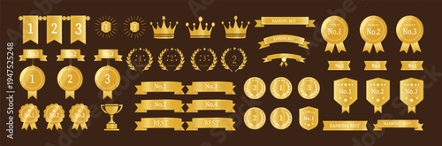 Golden Winner Award Badges and Ranking Medals Set with Crown, Ribbon and Banner. Best Champion Emblem, Vintage 1st Place Crest, Premium Gold Prize Sticker Vector Icons.