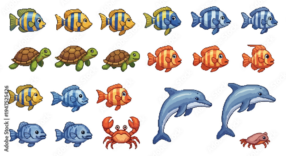 Obraz premium A diverse set of colorful pixel art marine animals, including striped fish in various hues, turtles, playful dolphins, and crabs.