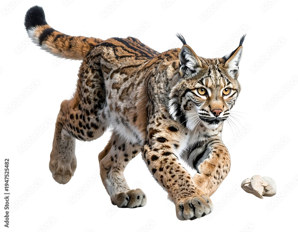 Naklejka premium A close-up view of a running wild cat, displaying a blend of brown, black, and tan fur, ears pointed, and eyes focused, against a stark white backdrop