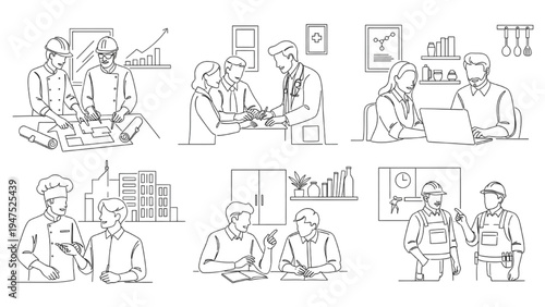 Professional Occupations Line Art Set – Workers Collaboration Scenes, Healthcare, Construction, Cooking, Office and Education Careers Illustration Collection