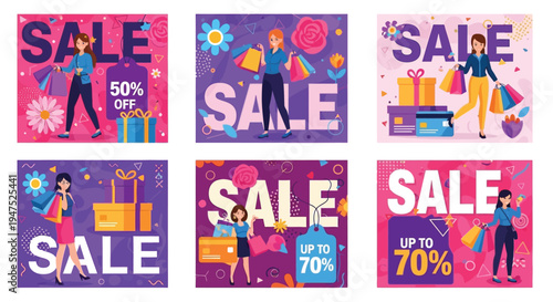 A collection of six vibrant flat design illustrations depicting women shopping during a sale event, featuring shopping bags, gift boxes, flowers, and discount percentages.