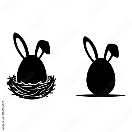 Easter bunnies emerging from their nests in a simple black and white illustration Vector, illustration