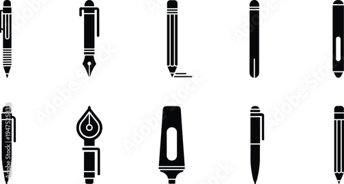 pen, stationery, writing, office, tool, ink, fountain, ballpoint, pencil, supply, education, school, vector, icon, set, illustration, minimal, design, equipment, collection