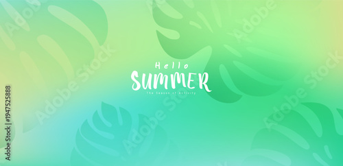 Hello Summer Vibrant Tropical Gradient Poster with Large Leaf Silhouettes and Seasonal Activity Typography