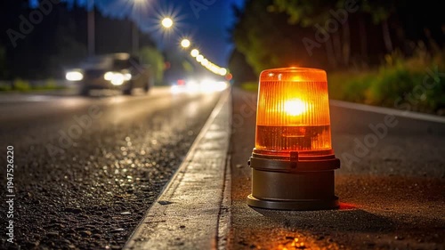 Flashing amber warning beacon sits beside a dark road surface