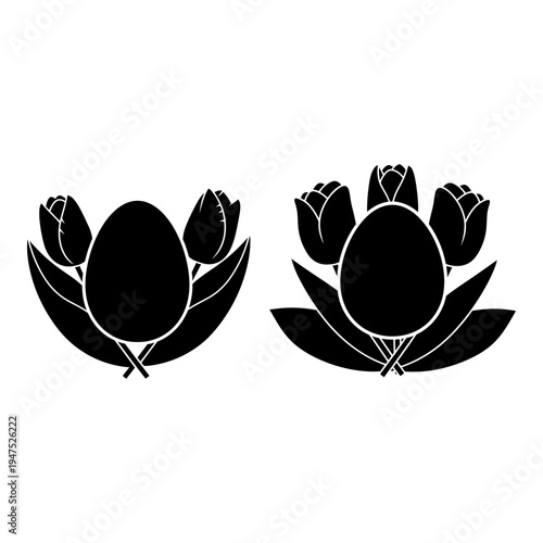 Elegant black and white illustrations of tulips with large central buds and leaves Vector, illustration