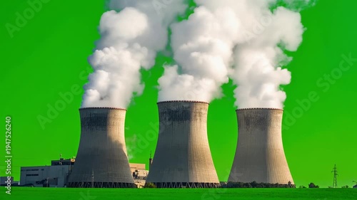 Industrial cooling tower emitting steam on green screen