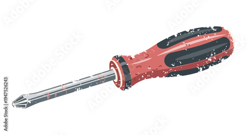 Screwdriver tool, red handle, isolated on white background, grunge texture