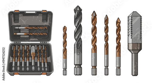 Set of drill bits and accessories in a case, isolated on white background