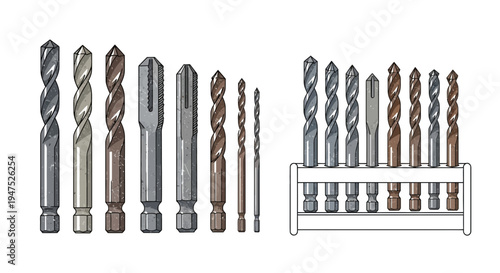 Set of drill bits and taps on white background