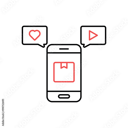 icon social buzz on smartphone with heart like and play symbols, isolated against a clean background.