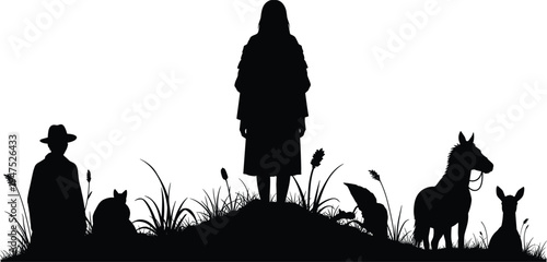 "Black silhouette illustration of people, animals, and plants on grassy hill, featuring horse, deer, cat, rabbit, and serene rural nature scene"