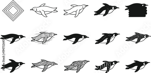 "Creative penguin illustration sequence showing abstract geometric forms, swimming poses, and artistic variations, educational visual design for character development, animation, and aquatic artwork"