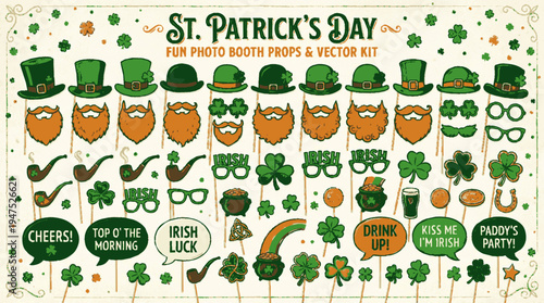 St patrick's day photo booth props and vector kit with green hats beards shamrocks and more