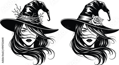 witch, woman, halloween, hat, gothic, illustration, magic, spooky, fantasy, portrait, vintage, tattoo, lineart, mysterious, dark, character, witchcraft, enchantress, design, artwork