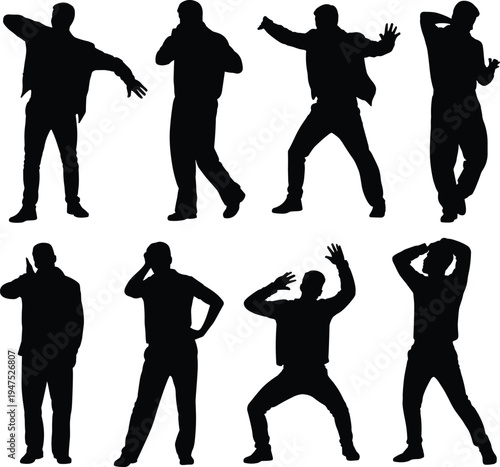 Men dancing silhouettes set, male party dance poses celebration movement, people lifestyle vector illustration collection