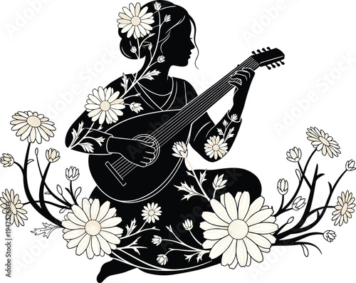 Woman playing guitar silhouette with floral decoration, artistic music illustration, bohemian female musician design, elegant nature inspired artwork