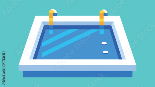 A square swimming pool with a thick white rim and blue foundation features two golden curved handrails and white light reflections on the blue water surface.