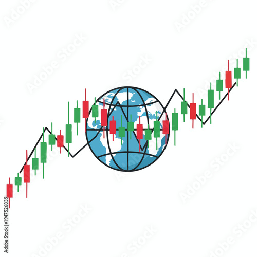 Globe with stock market candlestick charts showing upward trend