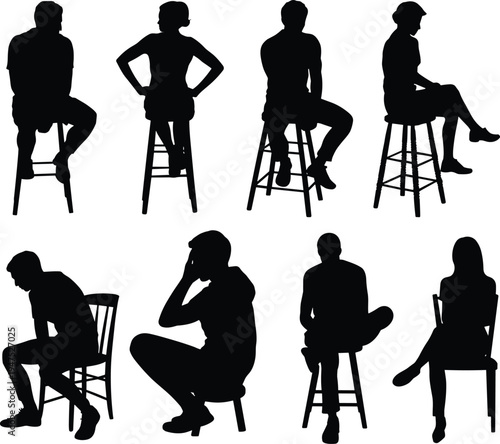 People sitting silhouettes set, men and women seated on chair stool different poses vector illustration collection