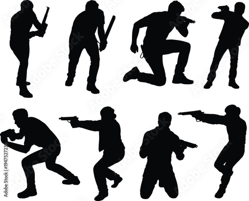Police tactical silhouettes set, armed officers aiming pistol action poses, law enforcement security vector illustration collection