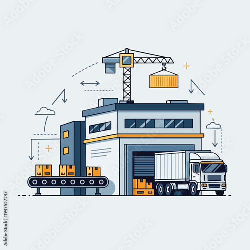 Warehouse with crane, truck, and conveyor belt shows logistics
